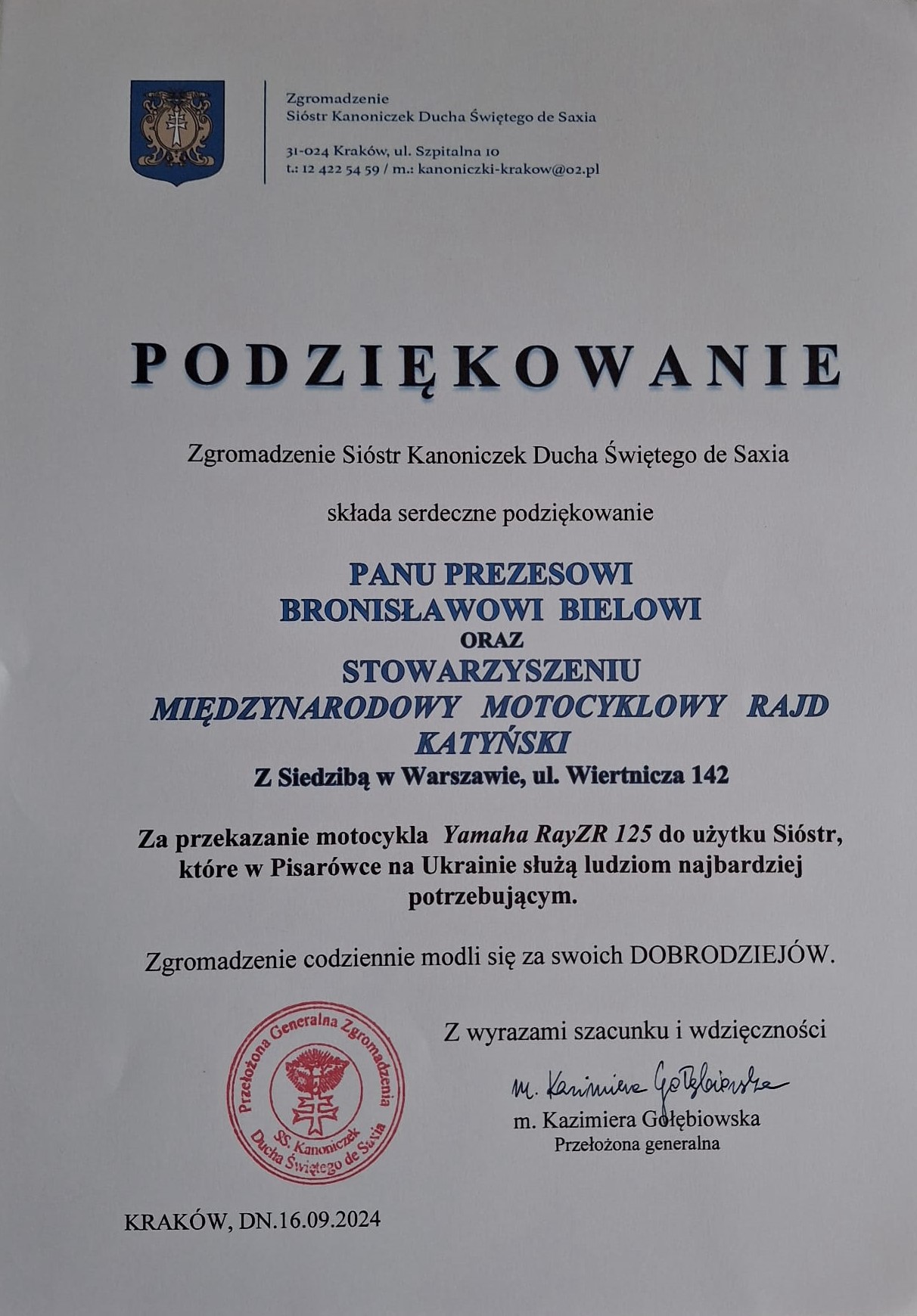 Podziękowanie od Sióstr